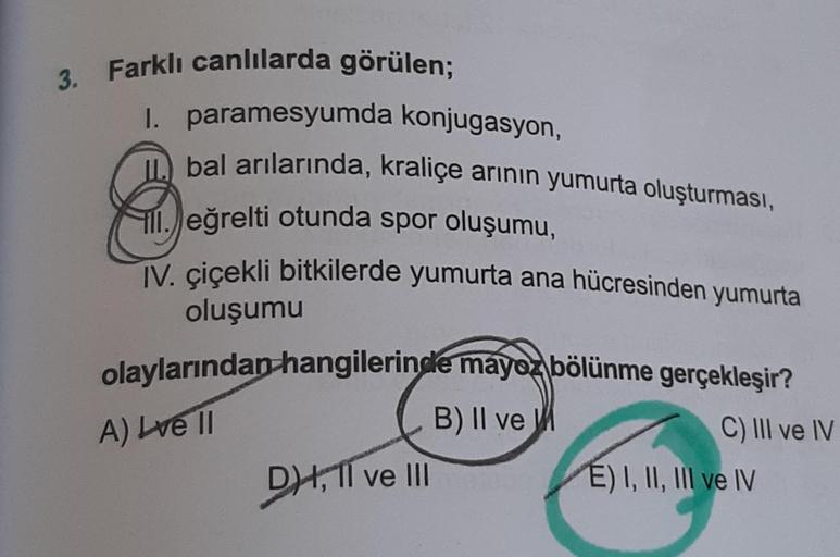 3. Farklı canlılarda görülen;
I. paramesyumda konjugasyon,
bal arılarında, kraliçe arının yumurta oluşturması,
ll. eğrelti otunda spor oluşumu,
IV. çiçekli bitkilerde yumurta ana hücresinden yumurta
oluşumu
olaylarından hangilerinde mayoz bölünme gerçekleş