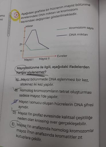 mu
mi
www.sinavyayin.c
Aşağıdaki grafikte bir hücrenin mayoz bölünme
evrelerindeki DNA miktarı ve kromozom
sayısındaki değişimler gösterilmektedir.
Miktar
2n
n+
Evreler
: Kromozom sayısı
: DNA miktarı
Mayoz I Mayoz II
Mayoz bölünme ile ilgili, aşağıdaki if