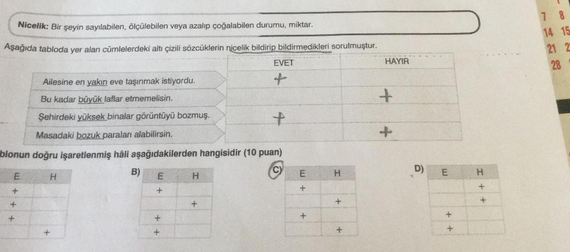 Nicelik: Bir şeyin sayılabilen, ölçülebilen veya azalıp çoğalabilen durumu, miktar.
Aşağıda tabloda yer alan cümlelerdeki altı çizili sözcüklerin nicelik bildirip bildirmedikleri sorulmuştur.
Ailesine en yakın eve taşınmak istiyordu.
Bu kadar büyük laflar 