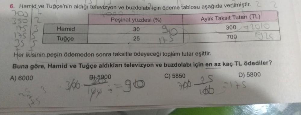 6. Hamid ve Tuğçe'nin aldığı televizyon ve buzdolabı için ödeme tablosu aşağıda verilmiştir.
700
355/2
175/3
Aylık Taksit Tutarı (TL)
3002010
1925
Hamid
Tuğçe
Peşinat yüzdesi (%)
30
25
175 S
35 5
Her ikisinin peşin ödemeden sonra taksitle ödeyeceği toplam