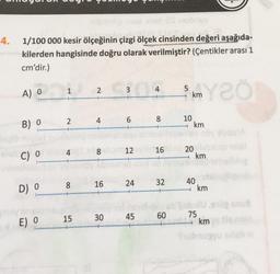 4.
anol ès nobrus
In.c
OY 5.500
2.1
1/100 000 kesir ölçeğinin çizgi ölçek cinsinden değeri aşağıda-
kilerden hangisinde doğru olarak verilmiştir? (Çentikler arası 1
Wag punta
cm'dir.)
A)
B) O
C) 0
D) O
E) O
2
4
8
15
2
4
∞
16
30
6
12
24
45
8
16
32
60
km Y201
10
km
20
+ km
40
km
75
km
Tubnugyu srish te