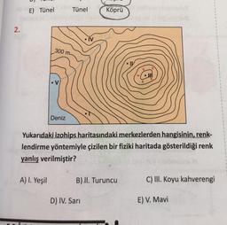 2.
E) Tünel
A) I. Yeşil
Tünel
300 m-
Deniz
• IV
Yukarıdaki izohips haritasındaki merkezlerden hangisinin, renk-
lendirme yöntemiyle çizilen bir fiziki haritada gösterildiği renk
yanlış verilmiştir?
Köprüde
D) IV. Sari
B) II. Turuncu
C) III. Koyu kahverengi
E) V. Mavi