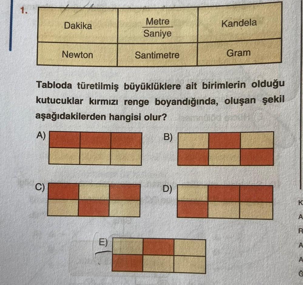 A)
Dakika
C)
Newton
Metre
Saniye
E)
Santimetre
Tabloda türetilmiş büyüklüklere ait birimlerin olduğu
kutucuklar kırmızı renge boyandığında, oluşan şekil
aşağıdakilerden hangisi olur? SAENODIGAL VER
B)
Kandela
D)
Gram
K
A
R
A
A
Ğ