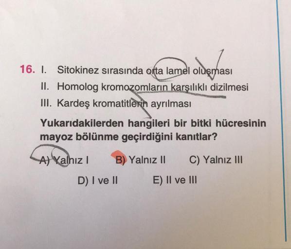 16. I. Sitokinez sırasında orta lamel oluşması
lamel olderması
II. Homolog kromozomların karşılıklı dizilmesi
III. Kardeş kromatitlerin ayrılması
Yukarıdakilerden hangileri bir bitki hücresinin
mayoz bölünme geçirdiğini kanıtlar?
A) Yalnız I B) Yalnız II C