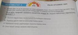 BECERİ TEMELLI TEST-5
4. Birleşik fiiller, en az iki sözcüğün bir araya gelmesiyle oluşur. Oluşumu bakımından üçe ayrılır: Kurallı
birleşik fiiller, yardımcı fiille kurulan birleşik fiiller ve anlamca kaynaşmış birleşik fiiller.
Buna göre, aşağıdaki cümlelerin hangisinde birleşik fiil, oluşumu bakımından diğerlerinden
farklıdır?
GÜÇ
FİİLDE (EYLEMDE) YAPI
A) Oturdum denize karşı ve seyreyledim o muhteşem manzarayı.
B) Teşekkür ederim dedi ve aramızdan hızlıca ayrıldı.
C) İsteklerinin henüz yapılmadığını duyunca küplere bindi.
D) Onun kararlı olması sözlerini etkili kılıyordu.