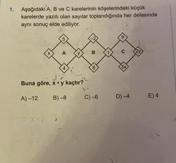 1. Aşağıdaki A, B ve C karelerinin köşelerindeki küçük
karelerde yazılı olan sayılar toplandığında her defasında
aynı sonuç elde ediliyor.
A)-12
X
J'c
Buna göre, x y kaçtır?
= X1X
4
B)-8
8
C) -6
9
3x
D)-4
24
E) 4