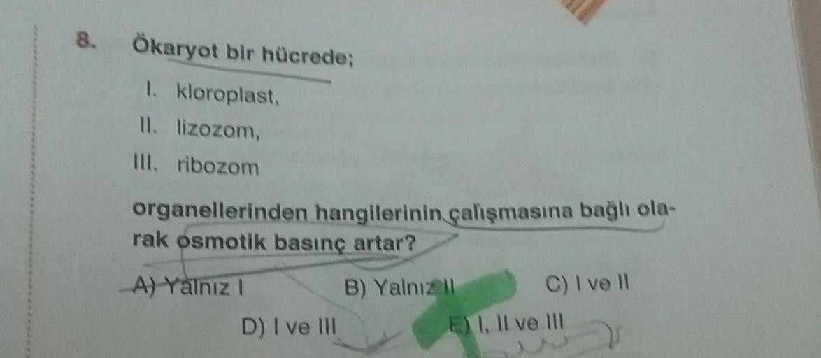 8. Ökaryot bir hücrede;
1. kloroplast,
II. lizozom,
III. ribozom
organellerinden hangilerinin çalışmasına bağlı ola-
rak osmotik basınç artar?
A) Yalnız I
D) I ve III
B) Yalnız II
C) I ve Il
E) I, II ve III