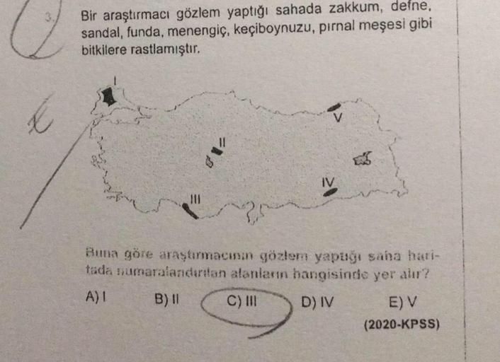 Bir araştırmacı gözlem yaptığı sahada zakkum, defne,
sandal, funda, menengiç, keçiboynuzu, pırnal meşesi gibi
bitkilere rastlamıştır.
Buna göre araştırmacının gözlem yapağı saha hari-
tada numaralandırılan alanların hangisinde yer alır?
A) I
B) II
C) III
D