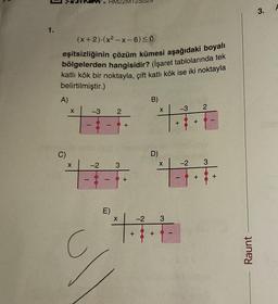 1.
(x+2).(x²-x-6) ≤0
eşitsizliğinin çözüm kümesi aşağıdaki boyalı
bölgelerden hangisidir? (işaret tablolarında tek
katlı kök bir noktayla, çift katlı kök ise iki noktayla
belirtilmiştir.)
A)
C)
X
X
-3
C
-2
E)
2
3
+
+
X
4.
+
-2
ull
co
B)
D)
+
X
X
3
-3 2
+
P
-2
+
+
O
3
+
Raunt
3.