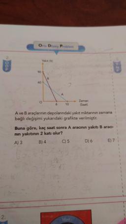 ODP
2.
Orta Darey Problem
90
60
Yakit (it)
B
6
A
10
Kirmizi
A ve B araçlarının depolarındaki yakıt miktarının zamana
bağlı değişimi yukarıdaki grafikte verilmiştir.
Buna göre, kaç saat sonra A aracının yakıtı B aracı-
nın yakıtının 2 katı olur?
A) 3
B) 4
C) 5
547
Zaman
(Saat)
Mavi
D) 6
E) 7