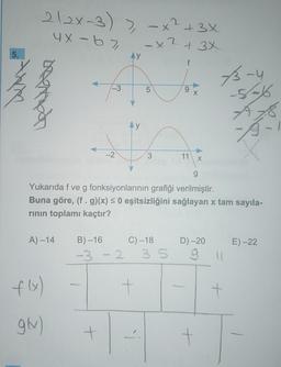 5.
ANT
2/2x-3) > - x² + 3x
4x-67
-x2 + 3x
f
D
A)-14
f(x)
gh)
-3
-2
+
B)-16
-3-2
Ay
LO
g
Yukarıda f ve g fonksiyonlarının grafiği verilmiştir.
Buna göre, (f. g)(x) ≤ 0 eşitsizliğini sağlayan x tam sayıla-
rının toplamı kaçtır?
+
5
j
3
C) -18
35
11
X
D)-20
9
+
11
3-4
-5-6
Ax8
A
+
E)-22