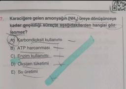 7. Karaciğere gelen amonyağın (NH3) üreye dönüşünceye
kadar geçirdiği süreçte aşağıdakilerden hangisi göz-
lenmez?
A Karbondioksit kullanımı
B) ATP harcanması
C) Enzim kullanımı
D) Oksijen tüketimi
E) Su üretimi