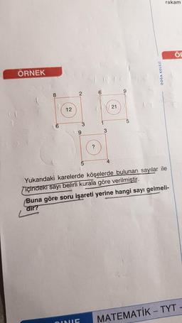 ÖRNEK
12
2
9
3
OINIE
5
?
3
21
DOGA KOLEJI
rakam
Yukarıdaki karelerde köşelerde bulunan sayılar ile
içindeki sayı belirli kurala göre verilmiştir.
Buna göre soru işareti yerine hangi sayı gelmeli-
dir?
OF
MATEMATIK - TYT -