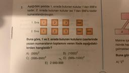 2.
Aşağıdaki şekilde 1. sırada bulunan kutular 1'den 998'e
kadar, 2. sırada bulunan kutular ise 1'den 999'a kadar
numaralandırılmıştır.
1. Sıra
1
2. Sıra 1
2
A) (999)²
C) (998+999)2
2
3
3
E) 2.999.998
998
998
Buna göre, 1 ve 2. sırada bulunan kutuların üzerlerinde
yazan numaraların toplamını veren ifade aşağıdaki-
lerden hangisidir?
B) (1000)²
D) (999+1000)2²
999
A
Makine içe
risinde har
gelmekted
Buna gör
A) *25