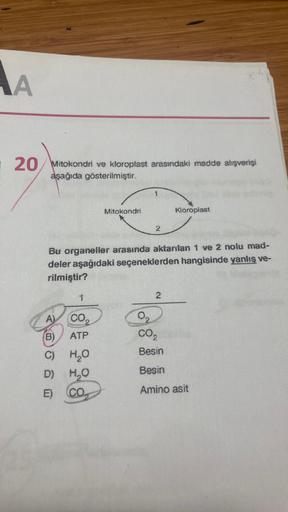 A
20
Mitokondri ve kloroplast arasındaki madde alışverişi
aşağıda gösterilmiştir.
AL
Bu organeller arasında aktarılan 1 ve 2 nolu mad-
deler aşağıdaki seçeneklerden hangisinde yanlış ve-
rilmiştir?
1
CO₂
ATP
Mitokondri
(B)
C)
H₂O
D) H₂O
E)
CO
0₂
Kloroplast