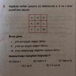 2. Aşağıda verilen çarpma (x) tablosunda a, b ve c birer
pozitif tam sayıdır.
X
b
C
a b
D) I ve II
12 X
y 30
Buna göre,
1. x'in en büyük değeri 36'dır.
II. y'nin en büyük değeri 360'tır.
III. c'nin alabileceği değerler toplamı 60'tır.
ifadelerinden hangileri doğrudur?
A) Yalnız I
B) Yalnız II
C) Yalnız III
E) I, II ve III