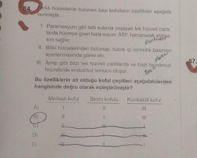 84. Farklı hücrelerde bulunan bazı kofulların özellikleri aşağıda
verilmiştir.
1. Paramesyum gibi tatlı sularda yaşayan tek hücreli canlı-
larda hücreye giren fazla suyun ATP harcanarak
sını sağlar.
Vilma-
II. Bitki hücrelerinden bulunup, hücre içi ozmotik