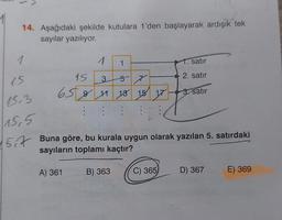 14. Aşağıdaki şekilde kutulara 1'den başlayarak ardışık tek
sayılar yazılıyor.
1
15
15.3
15.5
1
1
15
3
57
659 11 13 15 17
:
:
A) 361
5 Buna göre, bu kurala uygun olarak yazılan 5. satırdaki
sayıların toplamı kaçtır?
B) 363
1. satır
2. satır
3. satır
C) 365
D) 367
E) 369