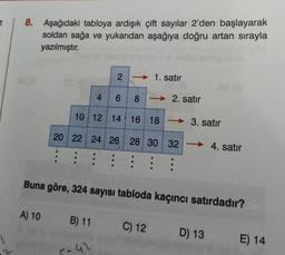 t
8
8. Aşağıdaki tabloya ardışık çift sayılar 2'den başlayarak
soldan sağa ve yukarıdan aşağıya doğru artan sırayla
yazılmıştır.
SE (0
A) 10
2
4 6
10 12 14 16 18 - 3. satır
B) 11
●
5-42
8
20 22 24 26 28 30 32
:
1. satır
●
C) 12
2. satır
Buna göre, 324 sayısı tabloda kaçıncı satırdadır?
85 (A
D) 13
4. satır
E) 14