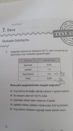 7. Ders
Ondalık Gösterim
2.
Ürünler
Çekirdek
Leblebi
Kuş Üzümü
Fıstık
1. Aşağıdaki tabloda bir kilogramı 25 TL olan kuruyemiş ka-
rışımındaki ürün miktarları gösterilmiştir.
Miktar (kg)
2,24
1,2
0,4 -)
0,56
pa that
TEST EI
wa
56
**
test
102
***
edeli
Buna göre aşağıdakilerden hangisi doğrudur?
A) Kuş üzümü ile fıstığın ağırlığı toplamı 1 kg'dan fazladır.
B) Bu karışımı alan biri 120 TL öder.
C) Çekirdek miktarı fıstık mikarının 4 katıdır.
D) Leblebi miktarı, fıstıktan miktarından 0,54 kg fazladır.
E) Kuş üzümü miktarının çeyreği kadar leblebi vardır.