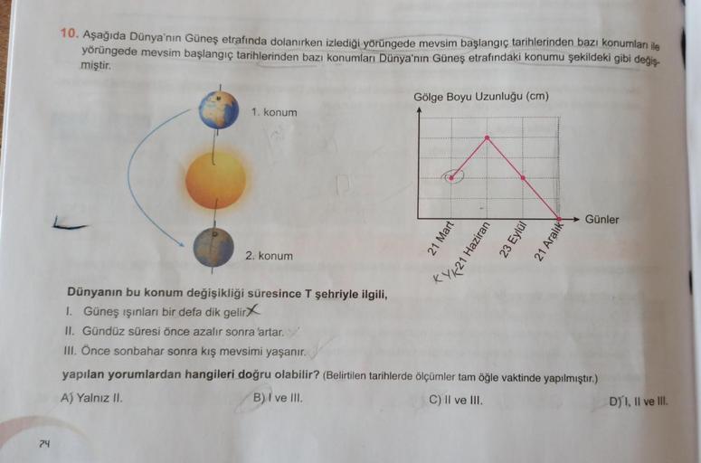 74
10. Aşağıda Dünya'nın Güneş etrafında dolanırken izlediği yörüngede mevsim başlangıç tarihlerinden bazı konumları ile
yörüngede mevsim başlangıç tarihlerinden bazı konumları Dünya'nın Güneş etrafındaki konumu şekildeki gibi değiş-
miştir.
1. konum
2. ko