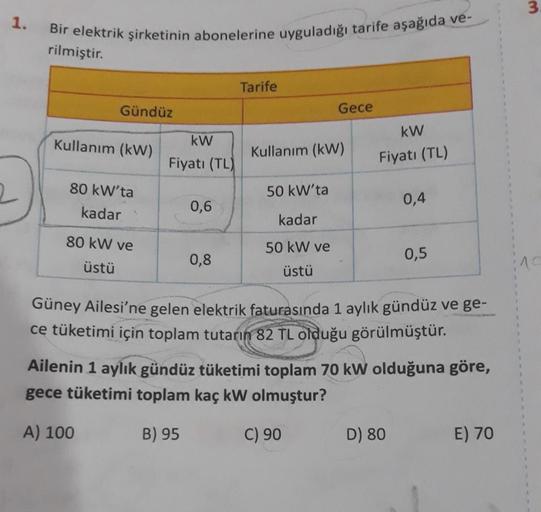 1.
Bir elektrik şirketinin abonelerine uyguladığı tarife aşağıda ve-
rilmiştir.
Gündüz
Kullanım (kW)
80 kW'ta
kadar
80 kW ve
üstü
kW
Fiyatı (TL)
0,6
0,8
Tarife
Gece
Kullanım (kW)
50 kW'ta
kadar
50 kW ve
üstü
kW
Fiyatı (TL)
0,4
0,5
Güney Ailesi'ne gelen ele