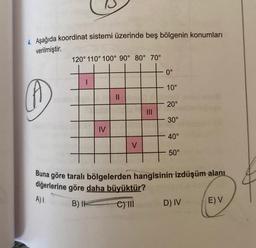 4. Aşağıda koordinat sistemi üzerinde beş bölgenin konumları
verilmiştir.
0
120° 110° 100° 90° 80° 70°
IV
||
V
|||
0°
10°
20°
30°
40°
50°
Buna göre taralı bölgelerden hangisinin izdüşüm alanı
diğerlerine göre daha büyüktür?
A) I
B) I
e) m
D) IV
E) V