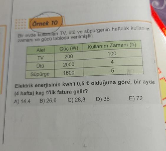 Örnek 10
Bir evde kullanılan TV, ütü ve süpürgenin haftalık kullanım
zamanı ve gücü tabloda verilmiştir.
Alet
TV
Ütü
Süpürge
Güç (W) Kullanım Zamanı (h)
200
2000
1600
100
4
5
L
Elektrik enerjisinin kwh'i 0,5 t olduğuna göre, bir ayda
(4 hafta) kaç t'lik fa