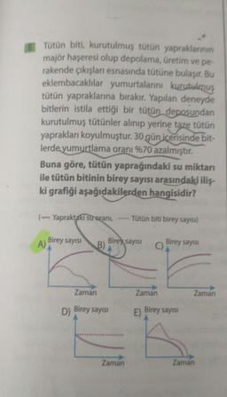 Tütün biti, kurutulmuş tütün yapraklarının
majör haşeresi olup depolama, üretim ve pe-
rakende çıkışları esnasında tütüne bulaşır. Bu
eklembacaklılar yumurtalarını kurutulmuş
tütün yapraklarına bırakır. Yapılan deneyde
bitlerin istila ettiği bir tütün deposundan
kurutulmuş tütünler alınıp yerine taze tütün
yaprakları koyulmuştur. 30 gün içerisinde bit-
lerde yumurtlama oranı %70 azalmıştır.
Buna göre, tütün yaprağındaki su miktarı
ile tütün bitinin birey sayısı arasındaki iliş-
ki grafiği aşağıdakilerden hangisidir?
(-Yapraktaki su oranı, Tütün biti birey sayısı)
A)
Birey sayısı
B)
Birey sayısı
Zaman
D) Birey sayısı
Zaman
C)
Zaman
Birey sayısı
E) Birey sayısı
Zaman
Zaman