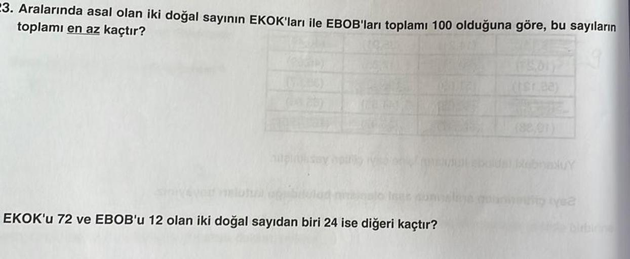 3. Aralarında asal olan iki doğal sayının EKOK'ları ile EBOB'ları toplamı 100 olduğuna göre, bu sayıların
toplamı en az kaçtır?
pinsey
EKOK'u 72 ve EBOB'u 12 olan iki doğal sayıdan biri 24 ise diğeri kaçtır?
(ter.Ba)
(82,01)
alda) ebaluy
UY
ity yea