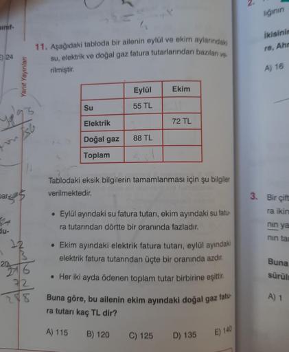 sinif-
E) 24
ya's
par
du-
Yanıt Yayınları
20
Esb
12
11
278
11. Aşağıdaki tabloda bir ailenin eylül ve ekim aylarındaki
su, elektrik ve doğal gaz fatura tutarlarından bazıları ve
rilmiştir.
Su
●
Elektrik
Doğal gaz
Toplam
Eylül
55 TL
88 TL
sil
Tablodaki eksi