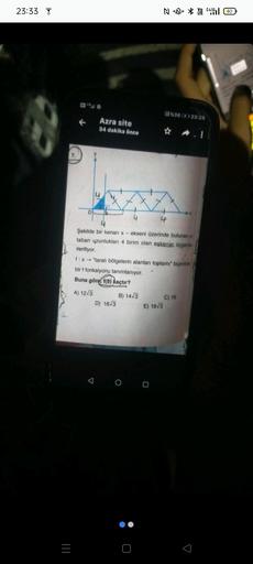 23:33
←
Azra site
34 dakika önce
D) 16-3
B) 1443
Şekilde bir kenarı x- ekseni üzerinde bulunan v
taban uzunlukları 4 birim olan eşkenar üçgenle
veriliyor.
1: x→ "taralı bölgelerin alanları toplamı" biçimind
bir f fonksiyonu tanımlanıyor.
Buna göre, f(8) ka
