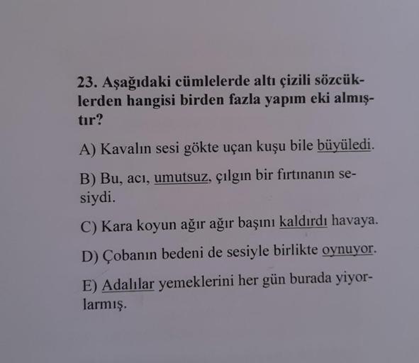 23. Aşağıdaki cümlelerde altı çizili sözcük-
lerden hangisi birden fazla yapım eki almış-
tır?
A) Kavalın sesi gökte uçan kuşu bile büyüledi.
B) Bu, acı, umutsuz, çılgın bir fırtınanın se-
siydi.
C) Kara koyun ağır ağır başını kaldırdı havaya.
D) Çobanın b
