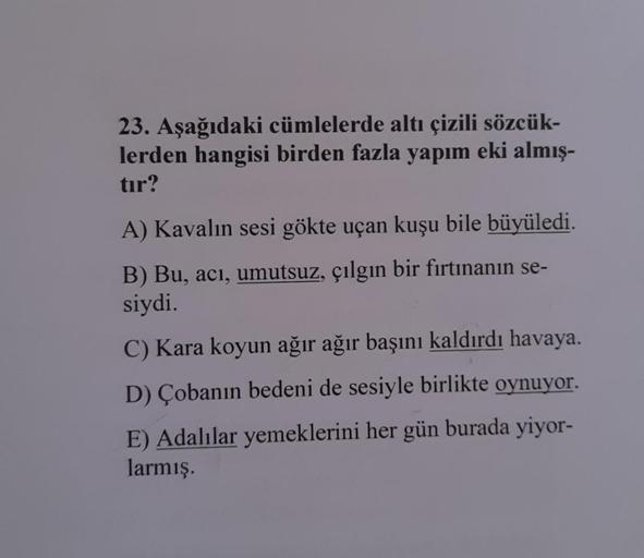 23. Aşağıdaki cümlelerde altı çizili sözcük-
lerden hangisi birden fazla yapım eki almış-
tır?
A) Kavalın sesi gökte uçan kuşu bile büyüledi.
B) Bu, acı, umutsuz, çılgın bir fırtınanın se-
siydi.
C) Kara koyun ağır ağır başını kaldırdı havaya.
D) Çobanın b