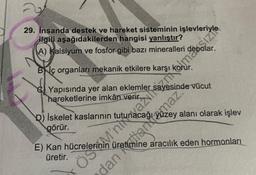 29. İnsanda destek ve hareket sisteminin
ilgili aşağıdakilerden hangisi yanlıştır?
A) Kalsiyum ve fosfor gibi bazı mineralleri
BNC organları mekanik etkilere karşı
Yapısında yer alan eklemler
hareketlerine imkân verir.
E) Kan hücreleriunacağı
üretir.
D) İskelet kaslarının
görür.
tanmaz
alanı olarak işlev
üretimine aracılık eden hormonları
ÖMniku azn tomiz
dan