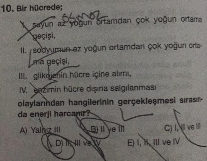 10. Bir hücrede;
Osmoz
sayun az yoğun ortamdan çok yoğun ortama
X
geçişi,
II. /sodyumun-az yoğun ortamdan çok yoğun orta-
ma geçişi,
III. glikojenin hücre içine alımı,
IV. enzimin hücre dışına salgılanması
olaylarından hangilerinin gerçekleşmesi sırasın-
d