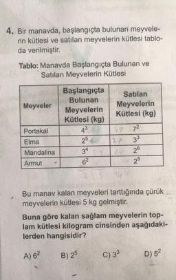 4. Bir manavda, başlangıçta bulunan meyvele-
rin kütlesi ve satılan meyvelerin kütlesi tablo-
da verilmiştir.
$
Tablo: Manavda Başlangıçta Bulunan ve
Satılan Meyvelerin Kütlesi
Meyveler
Portakal
Elma
Mandalina
Armut
Başlangıçta
Bulunan
Meyvelerin
Kütlesi (kg)
43
25
34
6²
Satılan
Meyvelerin
Kütlesi (kg)
49 7²
33
27
A
26
25
Bu manav kalan meyveleri tarttığında çürük
meyvelerin kütlesi 5 kg gelmiştir.
Buna göre kalan sağlam meyvelerin top-
lam kütlesi kilogram cinsinden aşağıdaki-
lerden hangisidir?
A) 6²
B) 25
C) 33
D) 5²