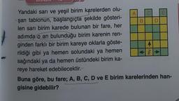 Yandaki sarı ve yeşil birim karelerden olu-
şan tablonun, başlangıçta şekilde gösteri-
len sarı birim karede bulunan bir fare, her
adımda o an bulunduğu birim karenin ren-
ginden farklı bir birim kareye oklarla göste-
rildiği gibi ya hemen solundaki ya hemen
sağındaki ya da hemen üstündeki birim ka-
reye hareket edebilecektir.
A
B
C
4
D
4
Buna göre, bu fare; A, B, C, D ve E birim karelerinden han-
gisine gidebilir?