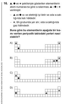 DEĞERLENDİRME VE SINAV HİZMETLERİ GENEL MÜDÜRLÜĞÜ
16. A, ve ★ şekilleriyle gösterilen elementlerin
atom numarasına göre sıralanması
verilmiştir.
A)
▲ ve ISI ve elektriği iyi iletir ve oda sıcak-
lığında katı hâldedir.
Buna göre bu elementlerin aşağıda bir