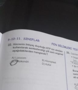 9-10-11. SINIFLAR
22. Hücrenin ihtiyaç duyduğu ATP'nin oksijen
kullanılarak sentezlendiği çift zarlı organel
aşağıdakilerden hangisidir?
A) Lizozom
tokondri
FEN BİLİMLERİ TEST
25. Canlılara
Organ
tirir.
B) Kloroplast
D) Koful
Hücr
Bir h
Buna
canlı
ait o
A) F
C)