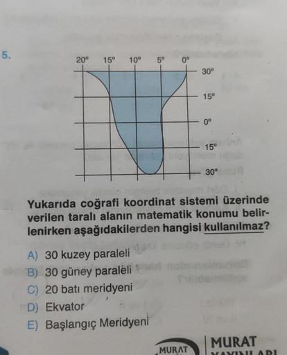 5.
20⁰ 15° 10⁰ 5°
8
A) 30 kuzey paraleli
B) 30 güney paraleli
C) 20 batı meridyeni
D) Ekvator
E) Başlangıç Meridyeni
0°
30°
MURAT
15°
0°
15⁰
Yukarıda coğrafi koordinat sistemi üzerinde
verilen taralı alanın matematik konumu belir-
lenirken aşağıdakilerden 