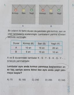 1.
Kırmızı
Sarı Yeşil
Duvar
A
B
A
A) 70
Kırmızı (K)
10 sn
5 sn
Bir odanın iki farklı duvarı da şekildeki gibi kırmızı, sarı ve
yeşil lambalarla süslenmiştir. Lambaların yanma süreleri
tabloda verilmiştir.
Kırmızı
Sarı (S)
15 sn
15 sn
B) 165
Sari
B
C) 240
A ve B duvarındaki lambalar K-S-Y-S-K-S-Y-...
sırasıyla yanmaktadır.
Yeşil
Lambalar aynı anda kırmızı yanmaya başladıktan en
az kaç saniye sonra ikinci kez aynı anda yeşil yan-
maya başlar?
Yeşil (Y)
20 sn
10 sn
D) 295
E) 345
aplusakademi
3