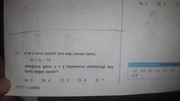 10. x ve y birer pozitif tam sayı olmak üzere,
3x + 5y = 79
olduğuna göre, x + y toplamının alabileceği kaç
farklı değer vardır?
B) 4
A) 3
TYT YT/C SERİSİ
C) 5 D) 6 E) 7
A) 1
B) 2
C)
CEVAP ANAHT
1.C 2.D 3.C 4.A 5.E 6.B 7
12.B