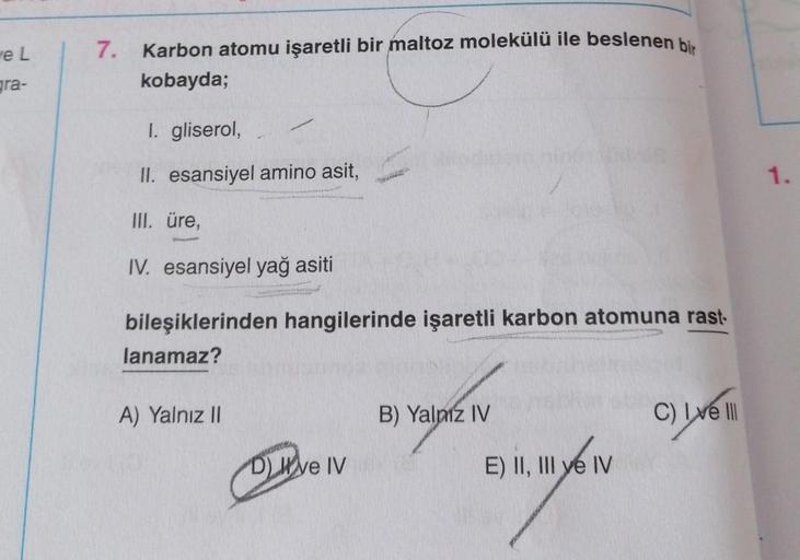 e L
gra-
7.
Karbon atomu işaretli bir maltoz molekülü ile beslenen bir
kobayda;
I. gliserol,
II. esansiyel amino asit,
III. üre,
IV. esansiyel yağ asiti
bileşiklerinden hangilerinde işaretli karbon atomuna rast
lanamaz?
A) Yalnız II
Dve IV
B) Yalnız IV
E)