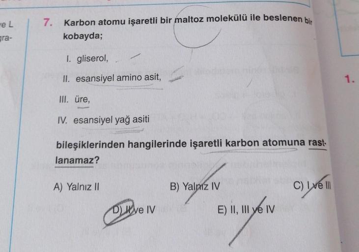 e L
gra-
7.
Karbon atomu işaretli bir maltoz molekülü ile beslenen bir
kobayda;
I. gliserol,
II. esansiyel amino asit,
III. üre,
IV. esansiyel yağ asiti
bileşiklerinden hangilerinde işaretli karbon atomuna rast
lanamaz?
A) Yalnız II
Dve IV
B) Yalnız IV
E) 