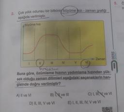 2. Çok yıllık odunsu bir bitkinin büyüme hızı - zaman grafiği
aşağıda verilmiştir.
Büyüme hızı
1
III
bolizm
A) II ve VI
IV
Buna göre, özümleme hızının yadımlama hızından yük-
sek olduğu zaman dilimleri aşağıdaki seçeneklerin han-
gisinde doğru verilmiştir?
B) INI ve III
D) II, III, V ve VI
Zaman
C) I, III, V ve VI
E) I, II, III, IV, V ve VI
DERS
MARKET
5. Ö
n
960
TOA