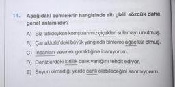 14. Aşağıdaki cümlelerin hangisinde altı çizili sözcük daha
genel anlamlıdır?
A) Biz tatildeyken komşularımız çiçekleri sulamayı unutmuş.
B) Çanakkale'deki büyük yangında binlerce ağaç kül olmuş.
C) İnsanları sevmek gerektiğine inanıyorum.
D) Denizlerdeki kirlilik balık varlığını tehdit ediyor.
E) Suyun olmadığı yerde canlı olabileceğini sanmıyorum.