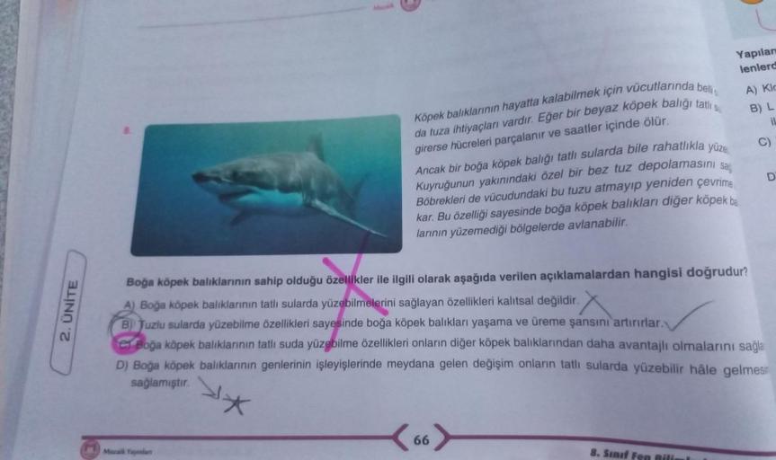 2. ÜNİTE
Mozaik
10
Köpek balıklarının hayatta kalabilmek için vücutlarında belli
da tuza ihtiyaçları vardır. Eğer bir beyaz köpek balığı tatlı s
girerse hücreleri parçalanır ve saatler içinde ölür.
Mozaik Yayınları
Yapılan
lenlerd
Ancak bir boğa köpek balı