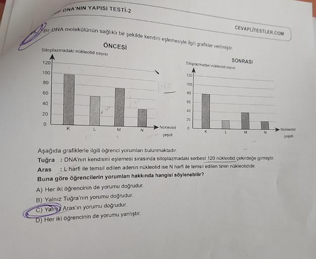 Bir DNA molekülünün sağlıklı bir şekilde kendini eşlemesiyle ilgili grafikler verilmiştir.
ÖNCESİ
Sitoplazmadaki nükleotid sayısı
120
100
80
60
40
DNA'NIN YAPISI TESTİ-2
20
0
K
L
M
N
Nükleotid
çeşidi
A) Her iki öğrencinin de yorumu doğrudur.
B) Yalnız Tuğr