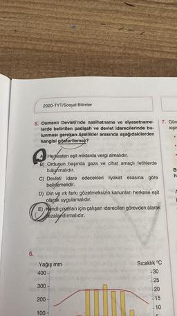 2020-TYT/Sosyal Bilimler
kişin
5. Osmanlı Devleti'nde nasihatname ve siyasetname- 7. Gün
unclerde belirtilen padişah ve devlet idarecilerinde bu-
we lunması gereken özellikler arasında aşağıdakilerden
Bb hangisi gösterilemez?
6.
iditeup
A Herkesten eşit miktarda vergi almalıdır.
B) Ordunun başında gaza ve cihat amaçlı fetihlerde
bulunmalıdır.
C) Devleti idare edecekleri liyakat esasına göre
belirlemelidir.
2012
meldo
D) Din ve ırk farkı gözetmeksizin kanunları herkese eşit
olarak uygulamalıdır.
elem
(2
E) Kendi çıkarları için çalışan idarecileri görevden alarak
cezalandırmalıdır.
semnifey SNémsimu
Yağış mm
400-
300-
75x
200-
bisqet
100-
NEVI
undb
adb hid aico a yawed.
tid Thod
na
M
Sıcaklık °C
+30
25
-20
-15
-10
11
B
ha
nem